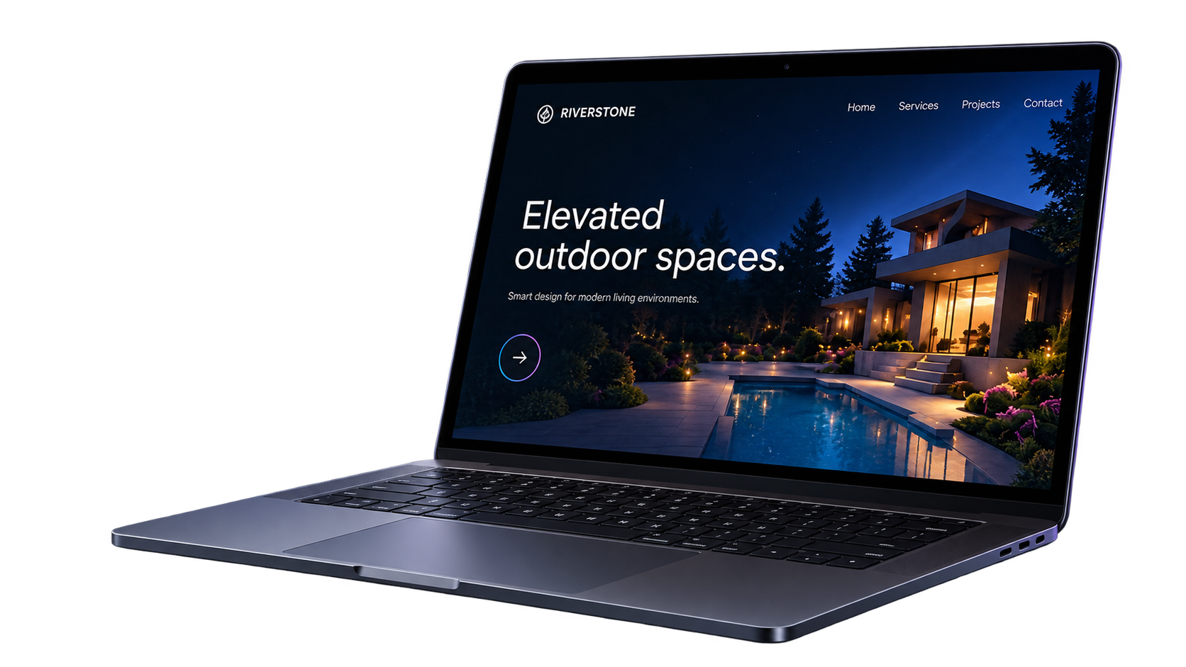Dark graphite laptop displaying an illustrative Riverstone landscaping website