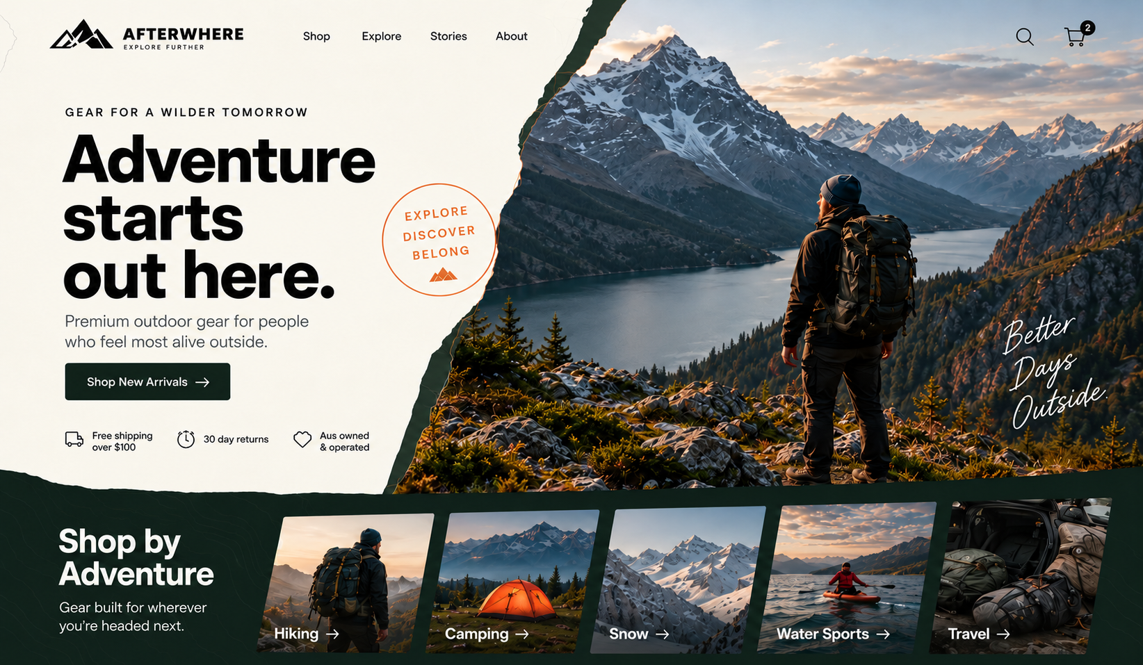 Afterwhere outdoor shop concept with cream torn-paper styling and an alpine hiking scene