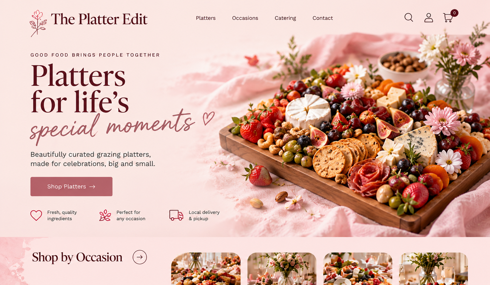 Blush-pink catering website concept with elegant lettering and grazing-platter photography