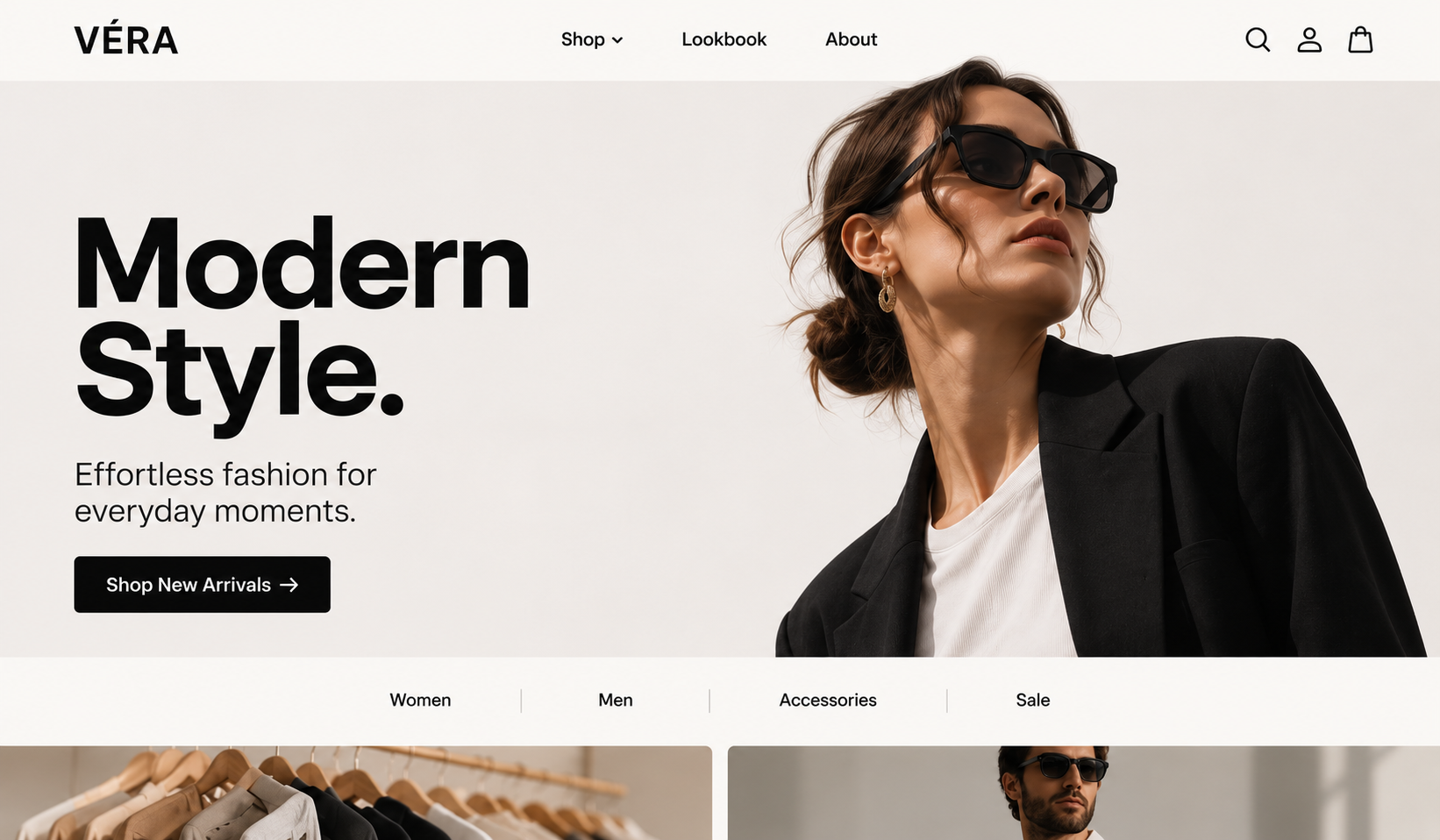 VÉRA fashion shop concept with a Modern Style headline and a model in a black blazer and sunglasses